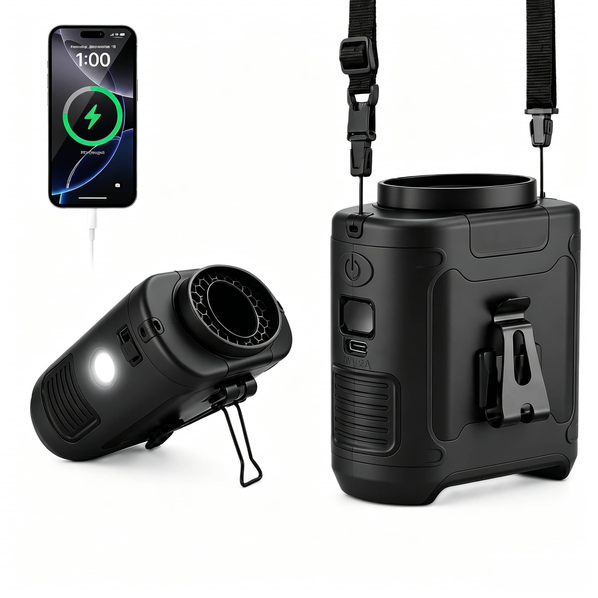 Portable Waist Fan 10000mAh Black, Clip-On Wearable Belt Fan with 5 Speeds Strong Airflow, Hands-Free Cooling Personal Fan for Outdoor Work Camping Travel, USB-C Rechargeable LED Power Bank