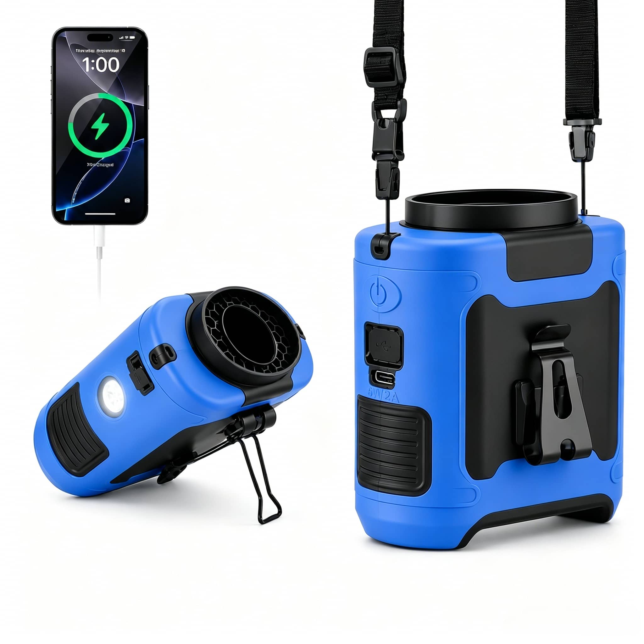 Portable Waist Fan 10000mAh, Clip-On Wearable Belt Fan with 5-Speed Powerful Airflow Hands-Free Cooling Personal Fan for Hiking Camping Travel Outdoor Work, USB Rechargeable LED Light（Blue ）
