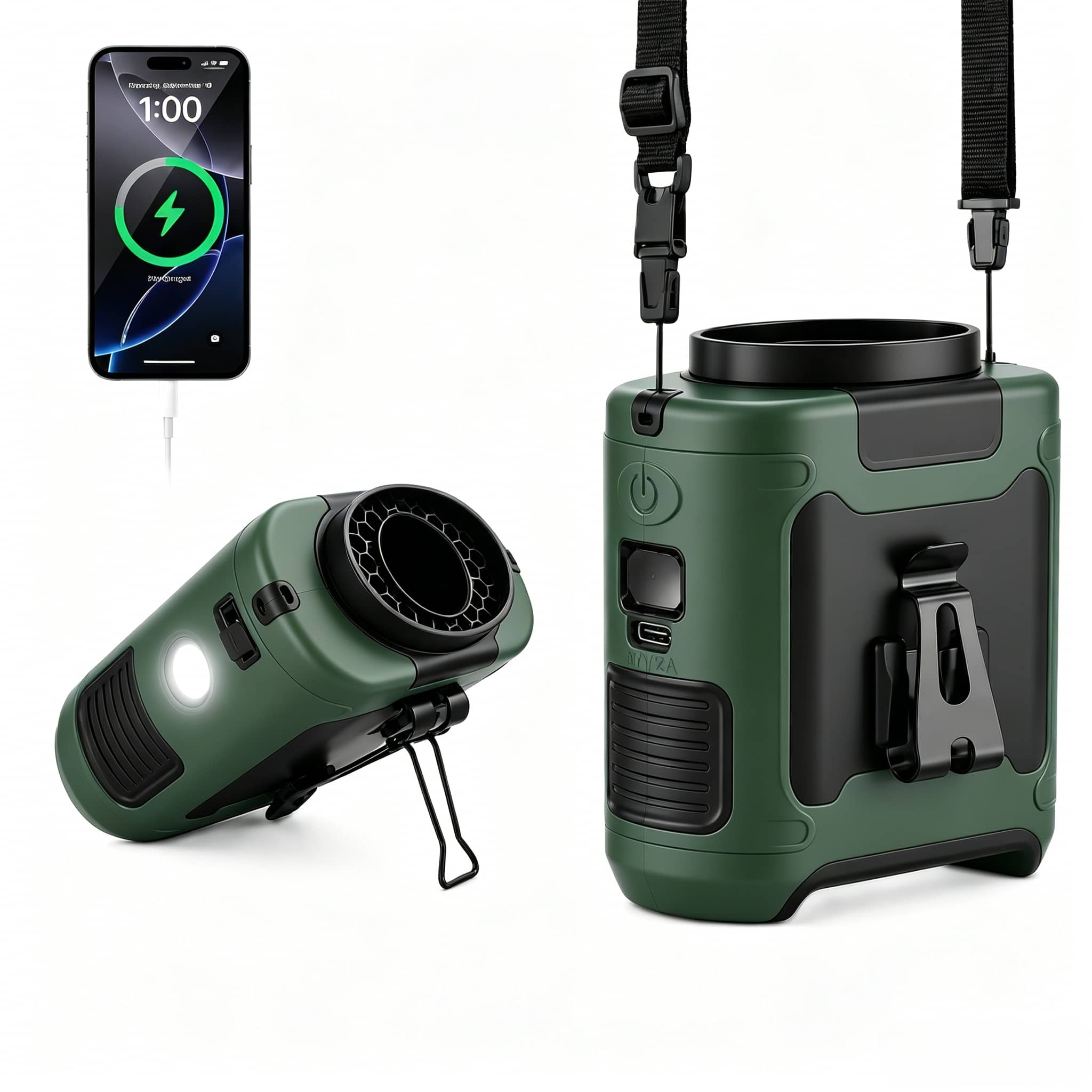 Portable Waist Fan 10000mAh, Clip-On Wearable Belt Fan with 5 Speeds Strong Cooling Airflow  Hands-Free Personal Fan for Camping Hiking Outdoor Travel Work, USB Rechargeable LED(Green )