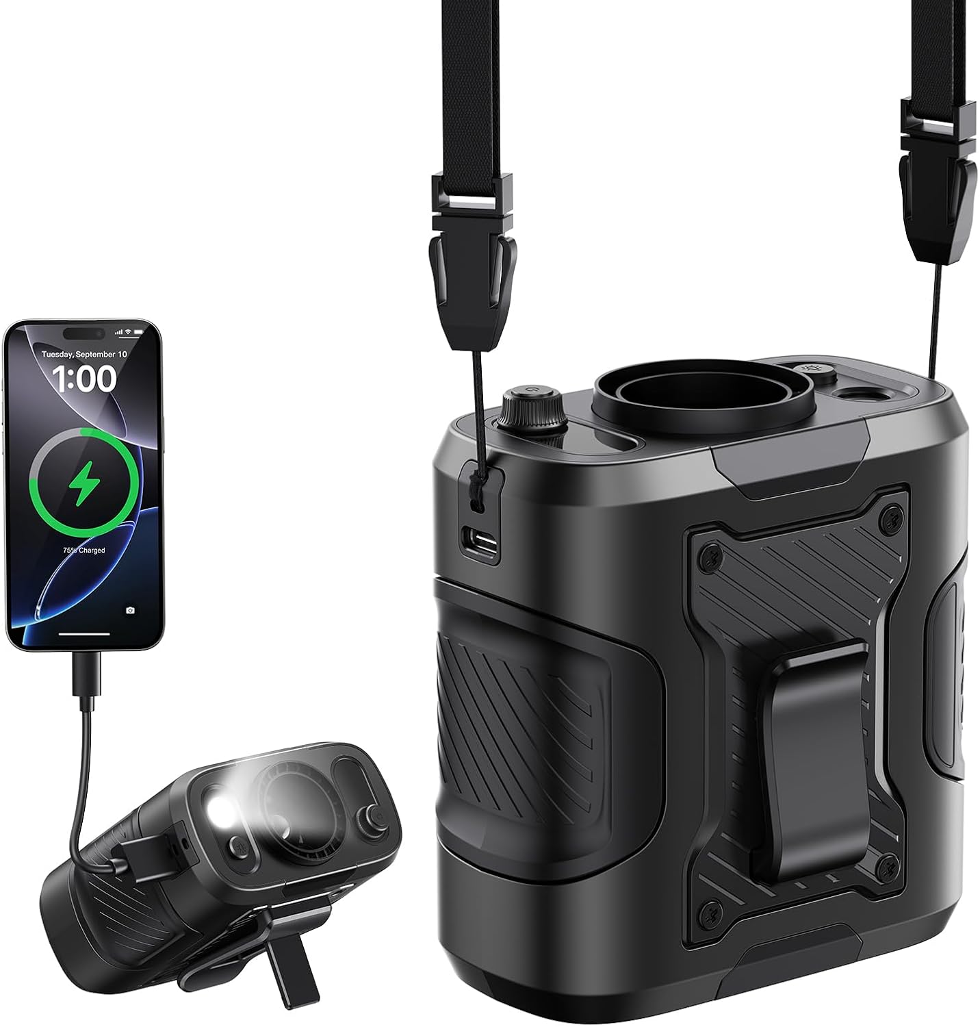 5 in 1 Portable Turbo Waist Clip Fan, 100 Speeds, Powerful 13500RPM, 24H Cooling, LED Display, Flashlight, Rechargeable Wearable Belt Body Shirt Fan for Camping Outdoor Jobsite (Black)